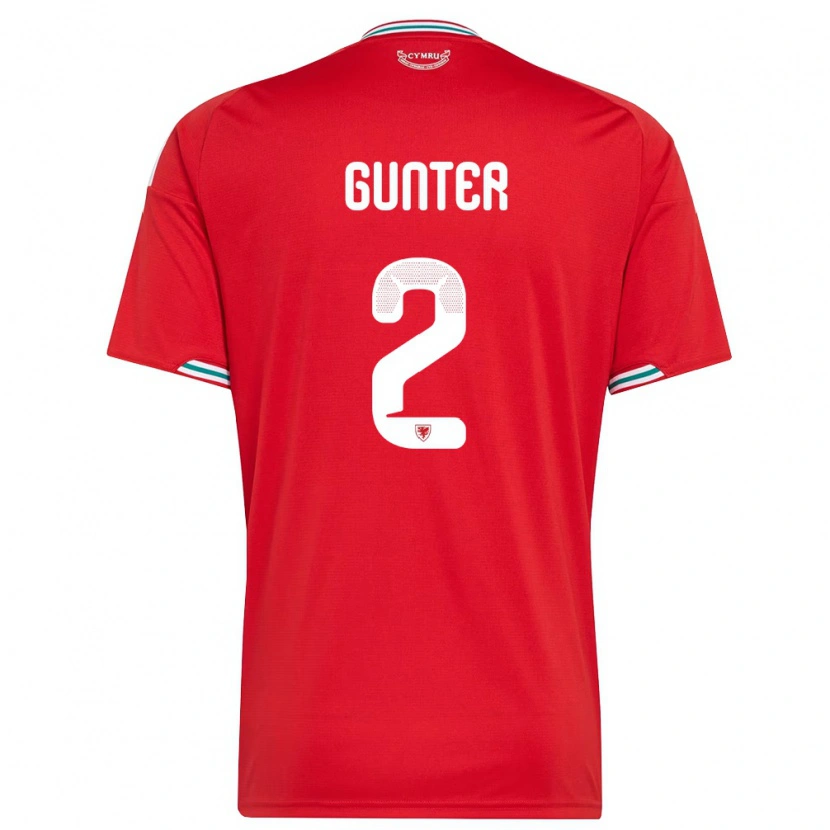 Danxen Niño Camiseta Gales Chris Gunter #2 Rojo Blanco Verde 1ª Equipación 26-28 La Camisa