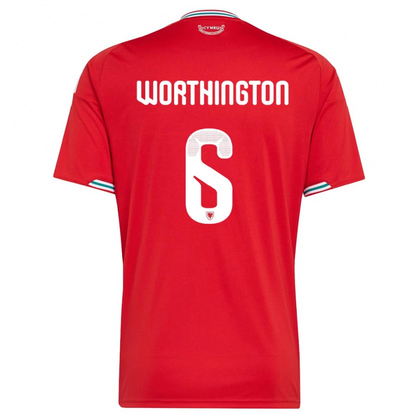 Danxen Niño Camiseta Gales Jacob Worthington #6 Rojo Blanco Verde 1ª Equipación 26-28 La Camisa