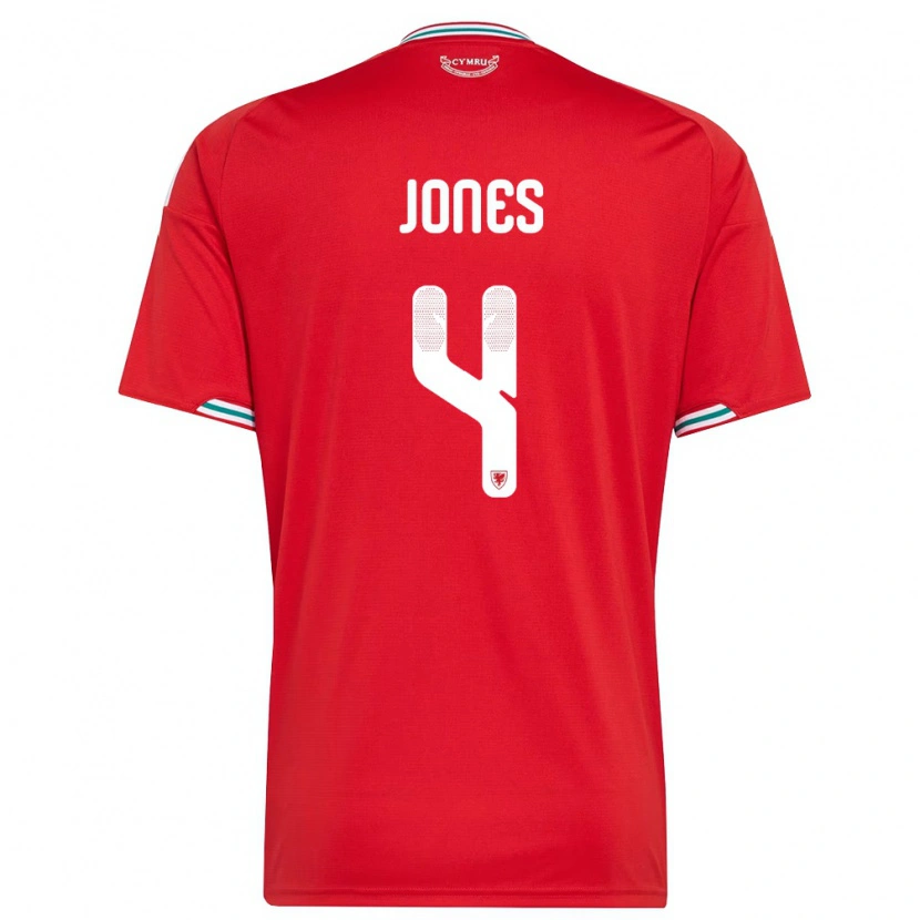 Danxen Hombre Camiseta Gales Iestyn Jones #4 Rojo Blanco Verde 1ª Equipación 26-28 La Camisa