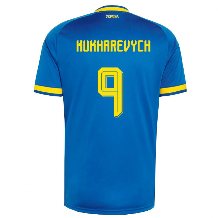 Danxen Hombre Camiseta Ucrania Mykola Kukharevych #9 Azul Amarillo Marino 2ª Equipación 26-28 La Camisa