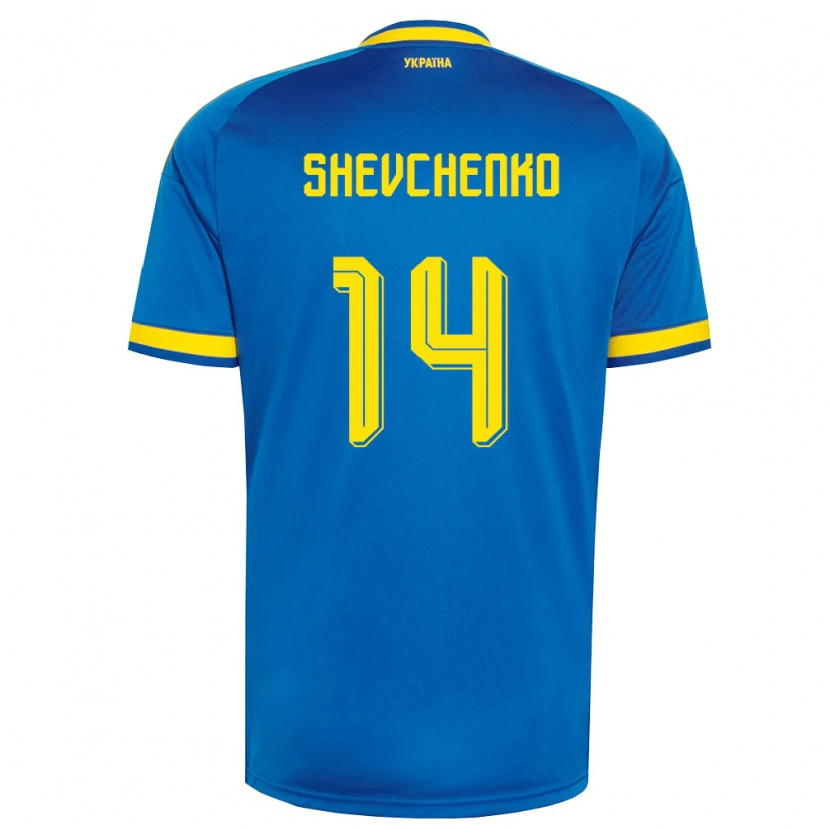 Danxen Hombre Camiseta Ucrania Kristian Shevchenko #14 Azul Amarillo Marino 2ª Equipación 26-28 La Camisa