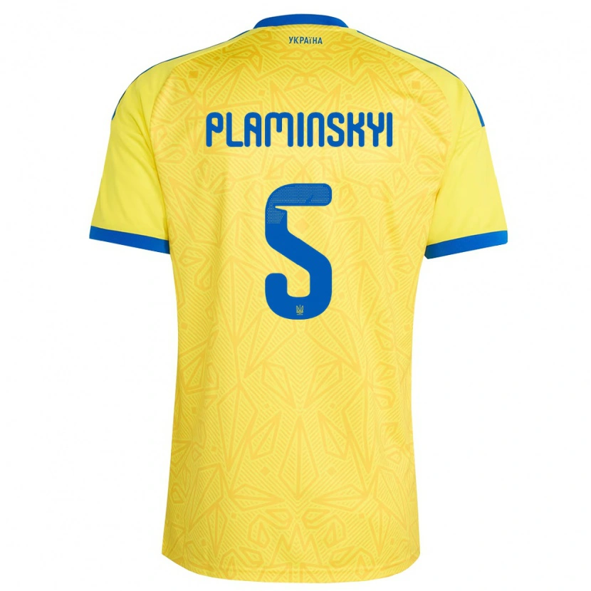Danxen Mujer Camiseta Ucrania Denys Plaminskyi #5 Amarillo Azul 1ª Equipación 26-28 La Camisa