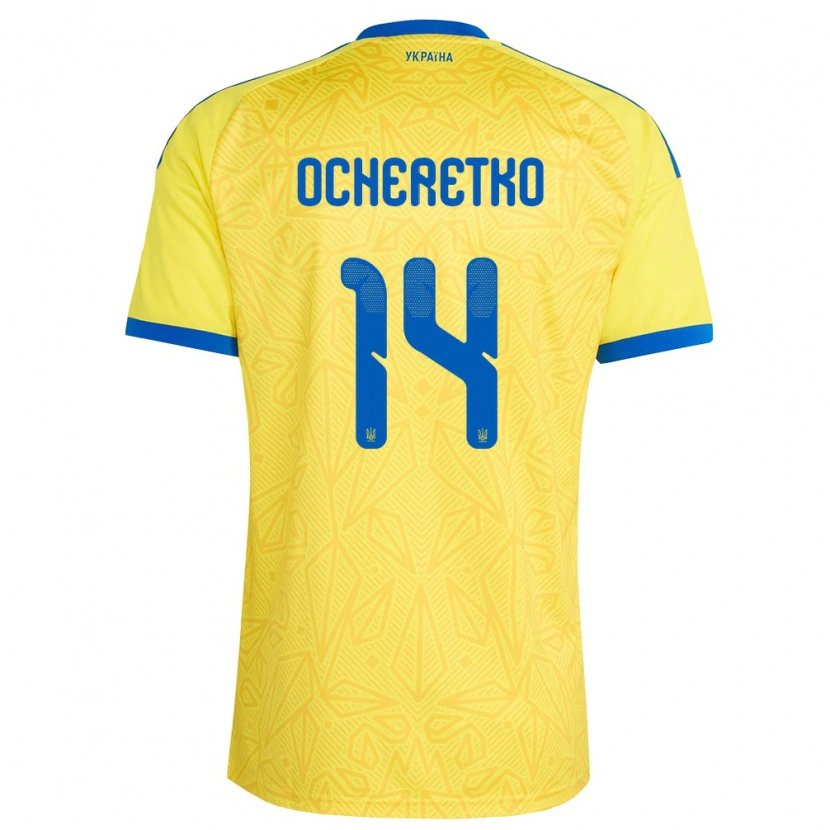 Danxen Mujer Camiseta Ucrania Oleg Ocheretko #14 Amarillo Azul 1ª Equipación 26-28 La Camisa