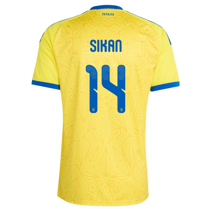 Danxen Mujer Camiseta Ucrania Danylo Sikan #14 Amarillo Azul 1ª Equipación 26-28 La Camisa