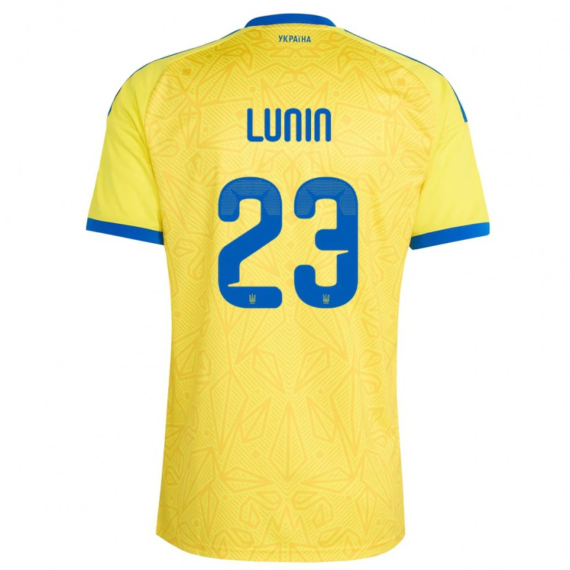 Danxen Mujer Camiseta Ucrania Andriy Lunin #23 Amarillo Azul 1ª Equipación 26-28 La Camisa