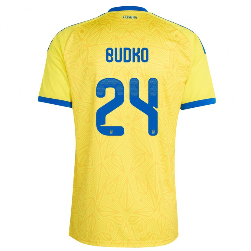 Danxen Mujer Camiseta Ucrania Bogdan Budko #24 Amarillo Azul 1ª Equipación 26-28 La Camisa