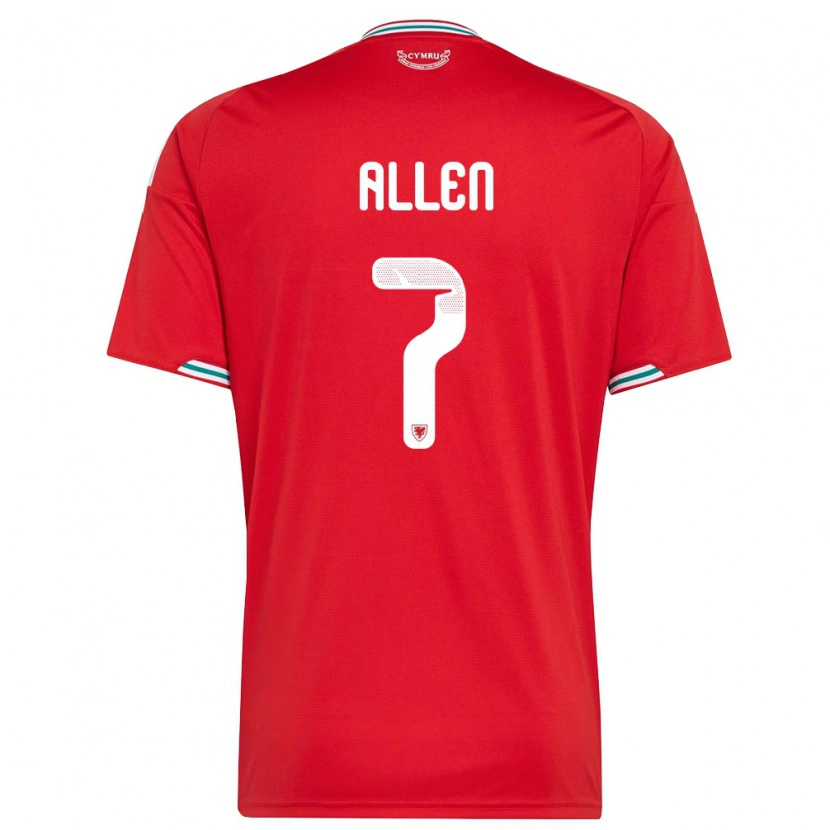 Danxen Mujer Camiseta Gales Joe Allen #7 Rojo Blanco Verde 1ª Equipación 26-28 La Camisa