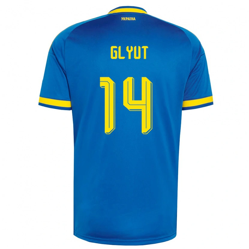 Danxen Mujer Camiseta Ucrania Vitaliy Glyut #14 Azul Amarillo Marino 2ª Equipación 26-28 La Camisa