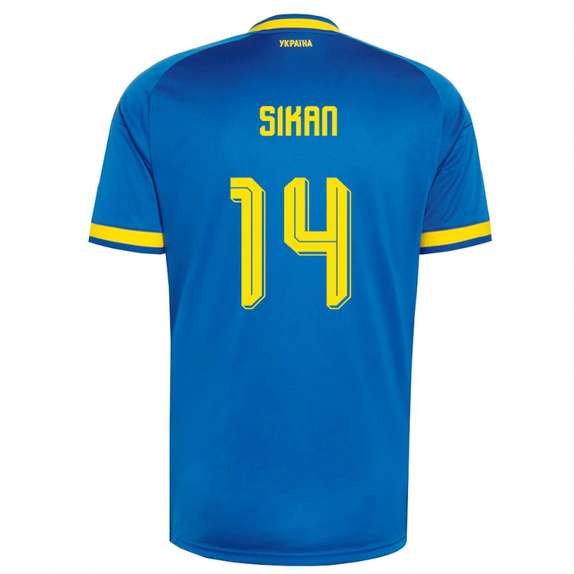 Danxen Mujer Camiseta Ucrania Danylo Sikan #14 Azul Amarillo Marino 2ª Equipación 26-28 La Camisa