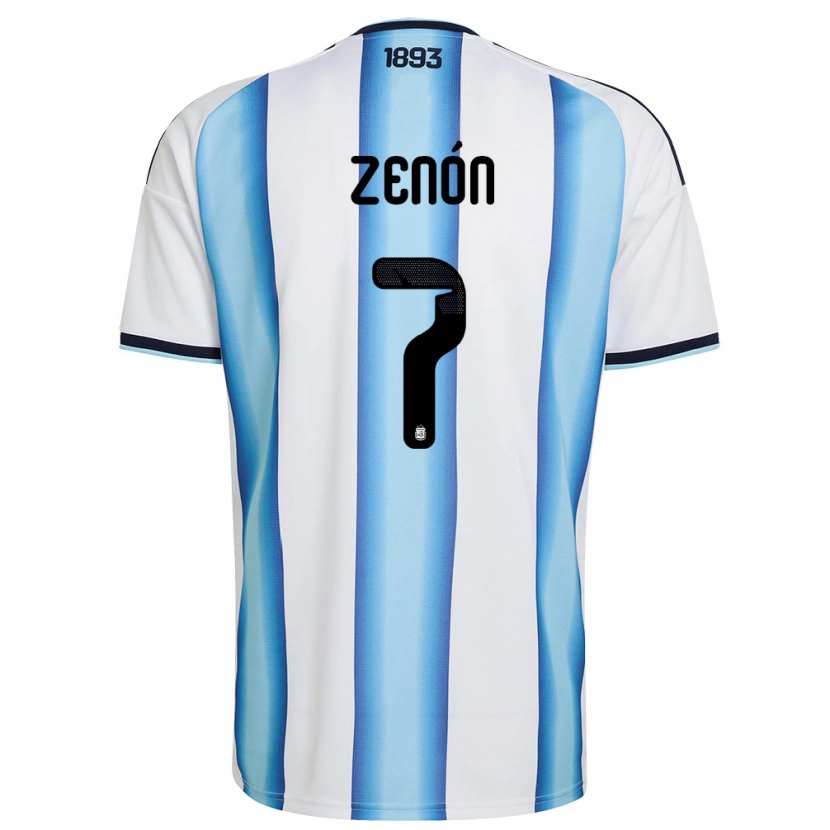 Danxen Niño Camiseta Argentina Kevin Zenón #7 Blanco Azul Cielo Marino 1ª Equipación 26-28 La Camisa