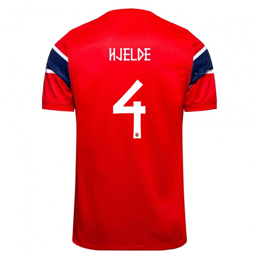 Danxen Hombre Camiseta Noruega Leo Fuhr Hjelde #4 Rojo Marino Blanco 1ª Equipación 26-28 La Camisa