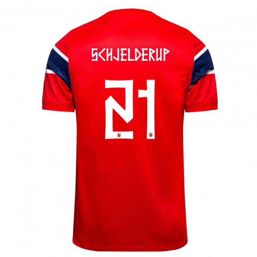Danxen Hombre Camiseta Noruega Andreas Schjelderup #21 Rojo Marino Blanco 1ª Equipación 26-28 La Camisa