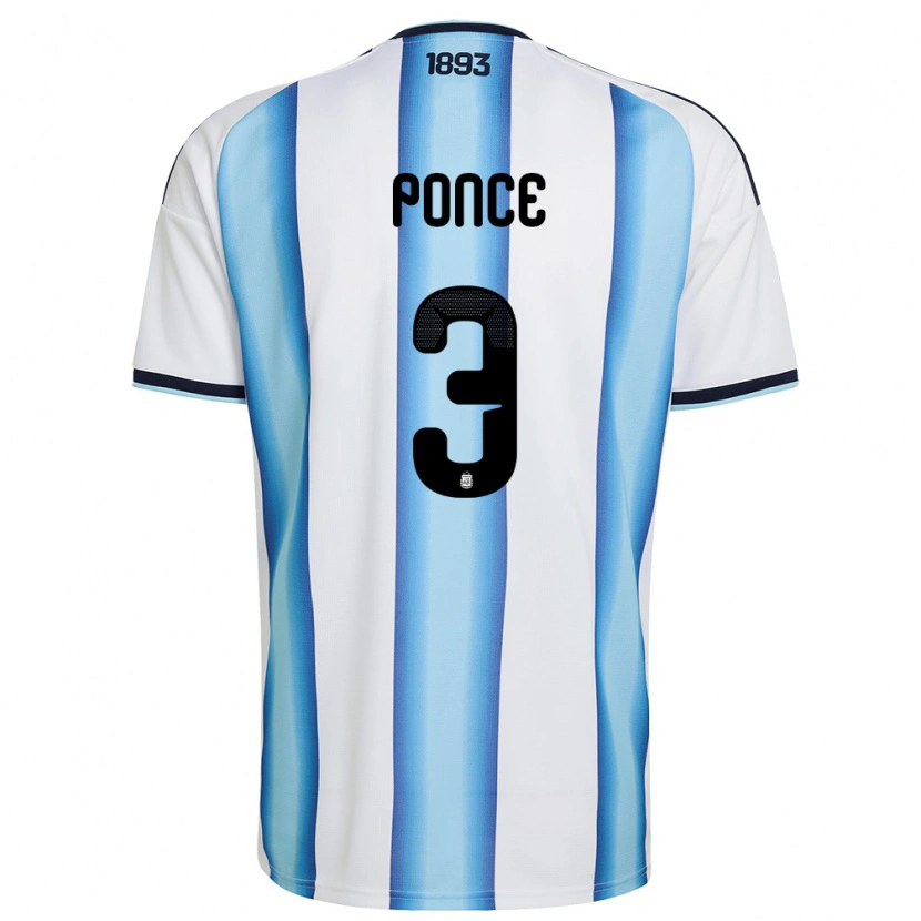 Danxen Hombre Camiseta Argentina Mauricio Ponce #3 Blanco Azul Cielo Marino 1ª Equipación 26-28 La Camisa
