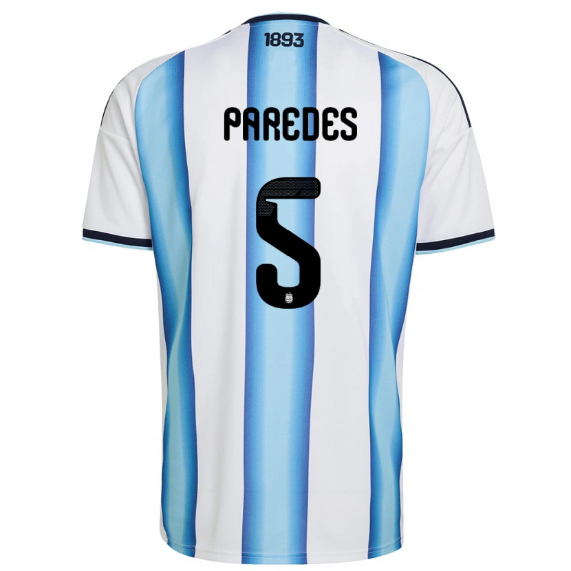 Danxen Hombre Camiseta Argentina Leandro Paredes #5 Blanco Azul Cielo Marino 1ª Equipación 26-28 La Camisa
