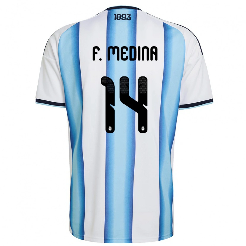 Danxen Hombre Camiseta Argentina Facundo Medina #14 Blanco Azul Cielo Marino 1ª Equipación 26-28 La Camisa