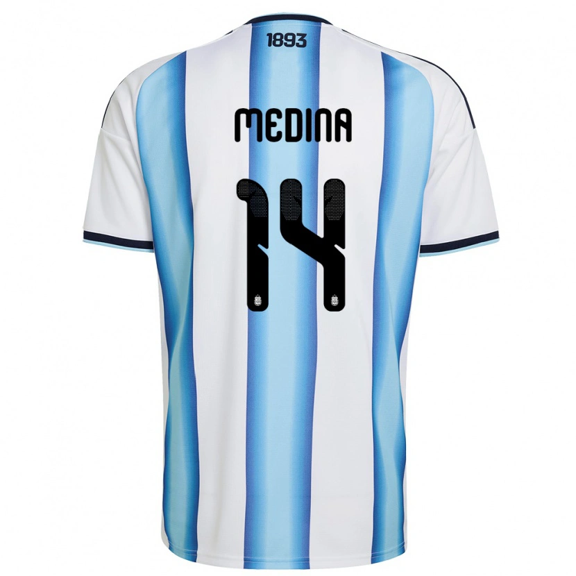 Danxen Hombre Camiseta Argentina Facundo Medina #14 Blanco Azul Cielo Marino 1ª Equipación 26-28 La Camisa