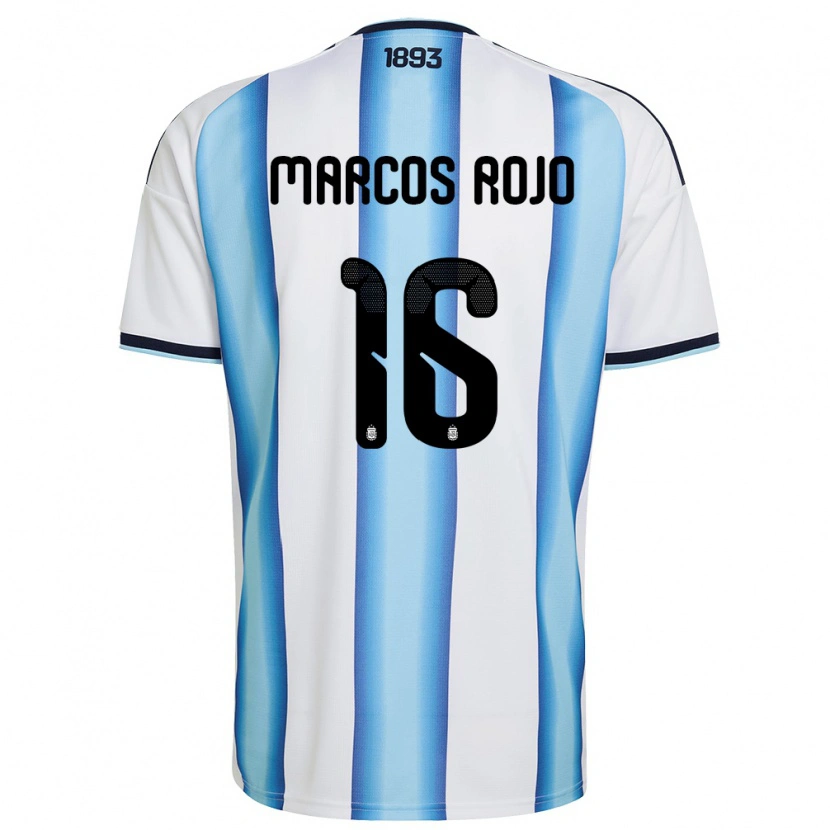 Danxen Hombre Camiseta Argentina Marcos Rojo #16 Blanco Azul Cielo Marino 1ª Equipación 26-28 La Camisa