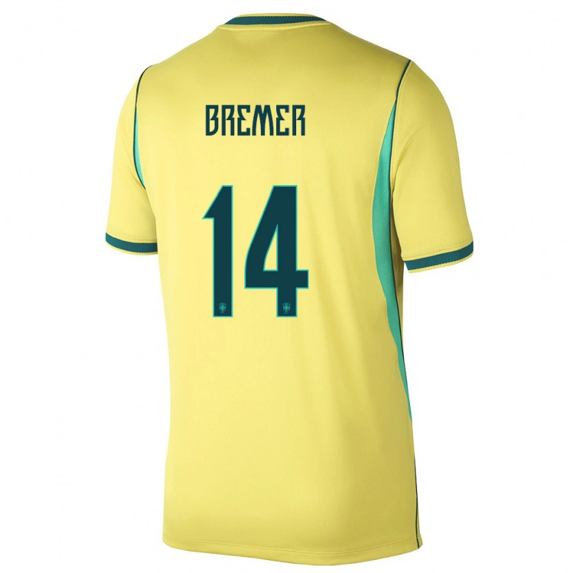 Danxen Hombre Camiseta Brasil Bremer #14 Amarillo Verde 1ª Equipación 26-28 La Camisa
