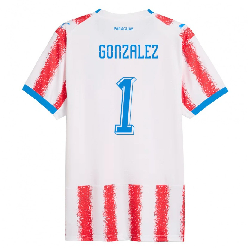 Danxen Hombre Camiseta Paraguay Ángel González #1 Blanco Rojo Azul 1ª Equipación 26-28 La Camisa