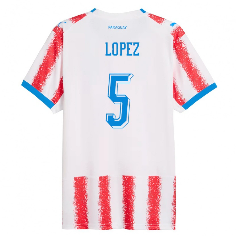 Danxen Hombre Camiseta Paraguay Óscar López #5 Blanco Rojo Azul 1ª Equipación 26-28 La Camisa