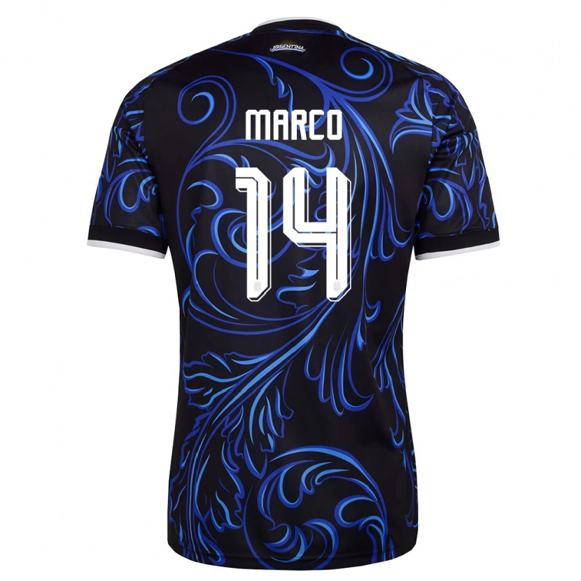 Danxen Hombre Camiseta Argentina Francisco Marco #14 Negro Blanco Azul Cielo 2ª Equipación 26-28 La Camisa