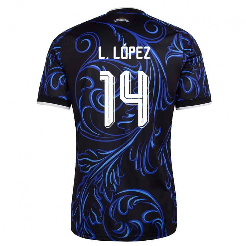 Danxen Hombre Camiseta Argentina Lautaro Lopez #14 Negro Blanco Azul Cielo 2ª Equipación 26-28 La Camisa