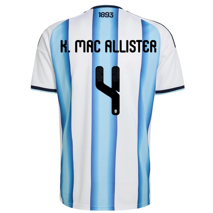 Danxen Mujer Camiseta Argentina Kevin Mac Allister #4 Blanco Azul Cielo Marino 1ª Equipación 26-28 La Camisa