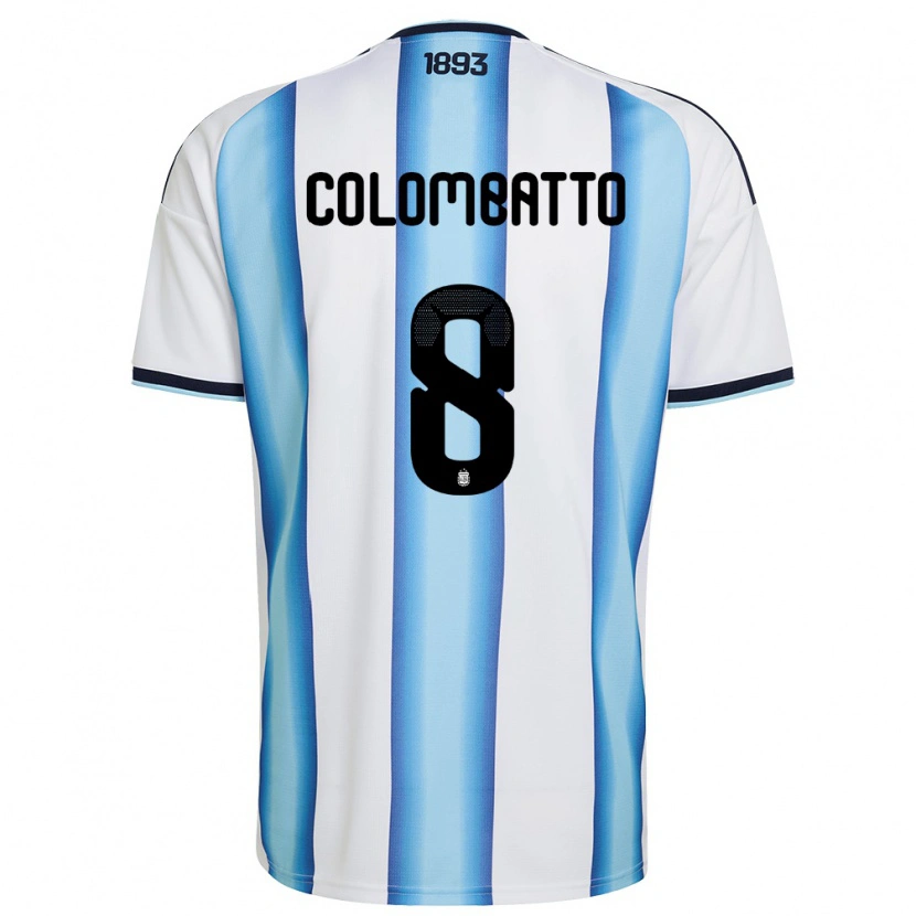 Danxen Mujer Camiseta Argentina Santiago Colombatto #8 Blanco Azul Cielo Marino 1ª Equipación 26-28 La Camisa