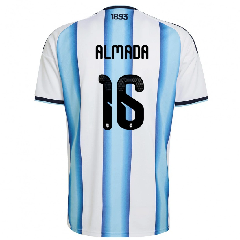 Danxen Mujer Camiseta Argentina Thiago Almada #16 Blanco Azul Cielo Marino 1ª Equipación 26-28 La Camisa