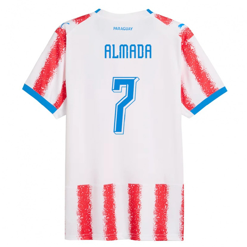 Danxen Mujer Camiseta Paraguay Derlis Almada #7 Blanco Rojo Azul 1ª Equipación 26-28 La Camisa