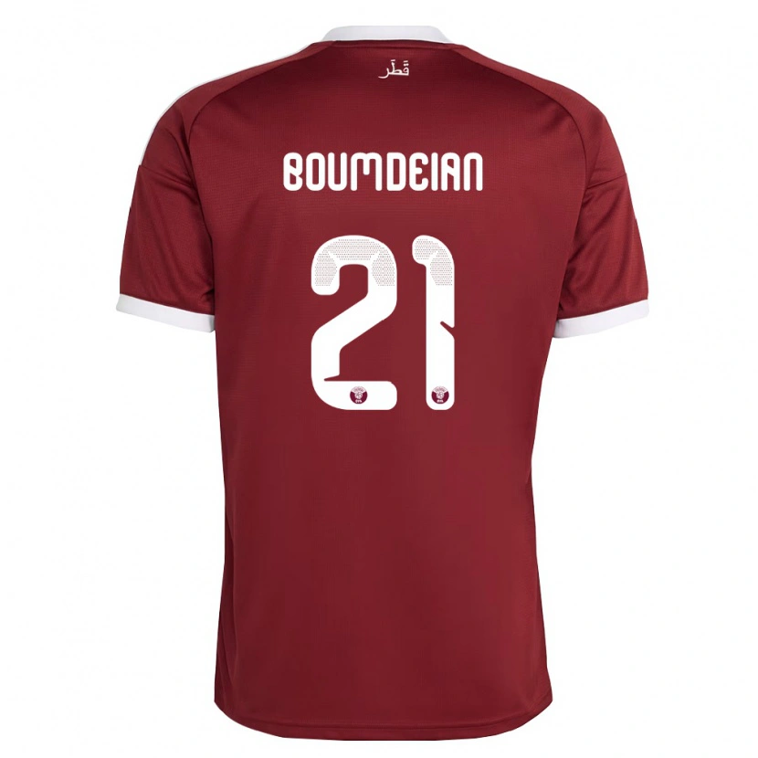 Danxen Niño Camiseta Catar Ali Boumdeian #21 Rojo Borgoña Blanco 1ª Equipación 26-28 La Camisa