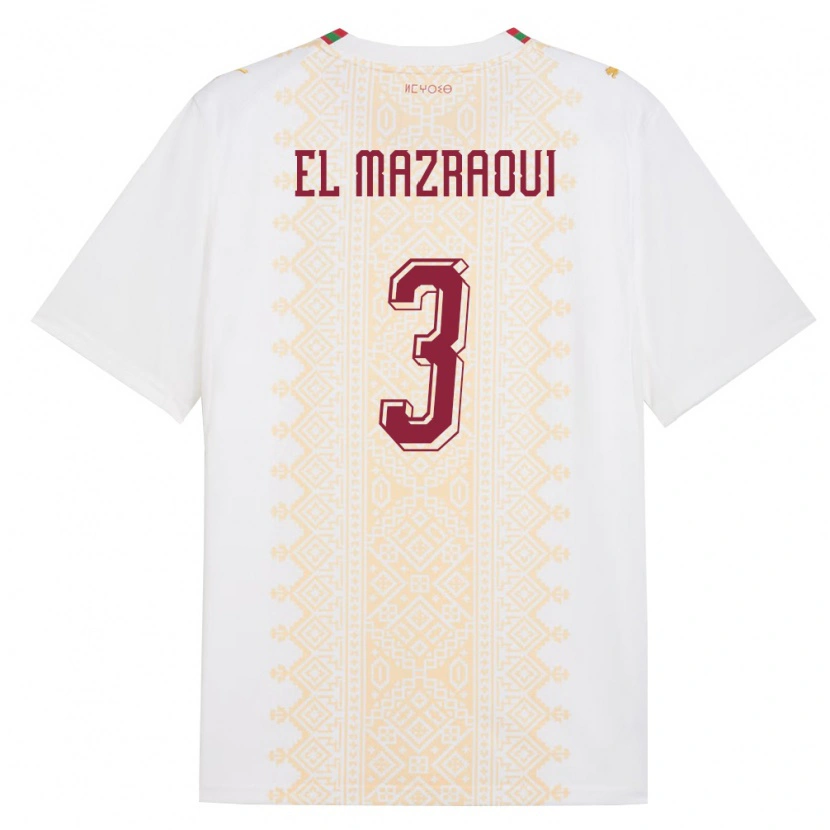 Danxen Hombre Camiseta Marruecos Noussair El Mazraoui #3 Blanco Oro Rojo 2ª Equipación 26-28 La Camisa