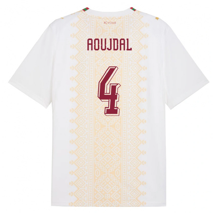 Danxen Hombre Camiseta Marruecos Youssef Aoujdal #4 Blanco Oro Rojo 2ª Equipación 26-28 La Camisa