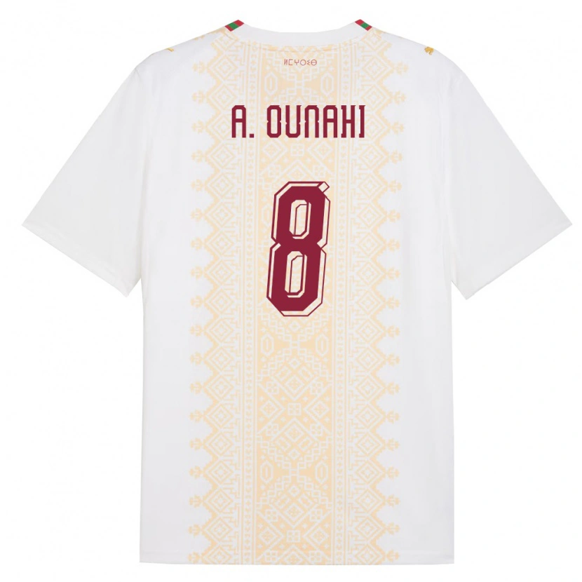Danxen Hombre Camiseta Marruecos Azzeddine Ounahi #8 Blanco Oro Rojo 2ª Equipación 26-28 La Camisa
