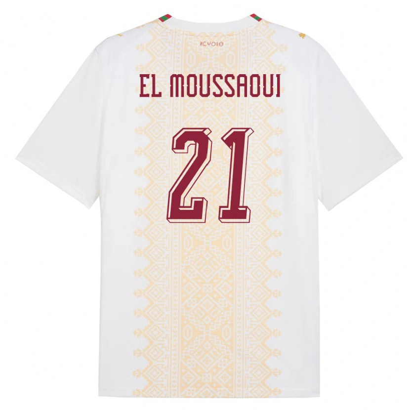Danxen Hombre Camiseta Marruecos Tajeddine El Moussaoui #21 Blanco Oro Rojo 2ª Equipación 26-28 La Camisa