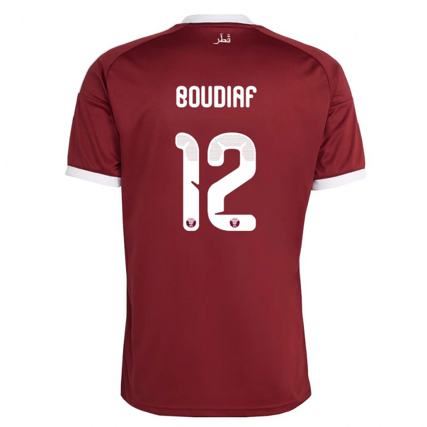Danxen Mujer Camiseta Catar Karim Boudiaf #12 Rojo Borgoña Blanco 1ª Equipación 26-28 La Camisa