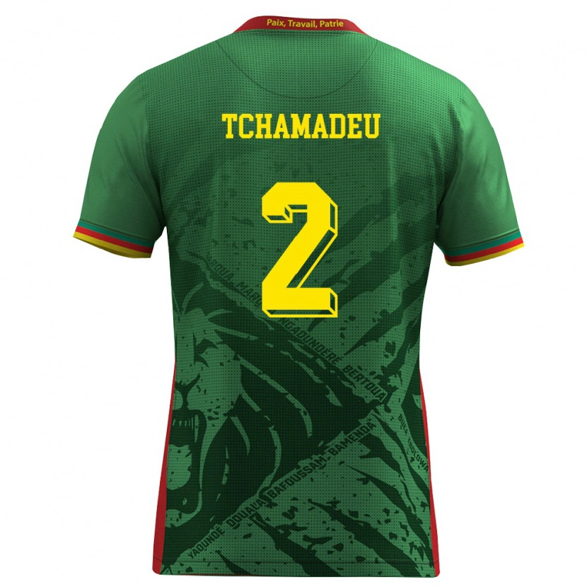 Danxen Mujer Camiseta Camerún Junior Tchamadeu #2 Verde Amarillo Rojo 1ª Equipación 26-28 La Camisa