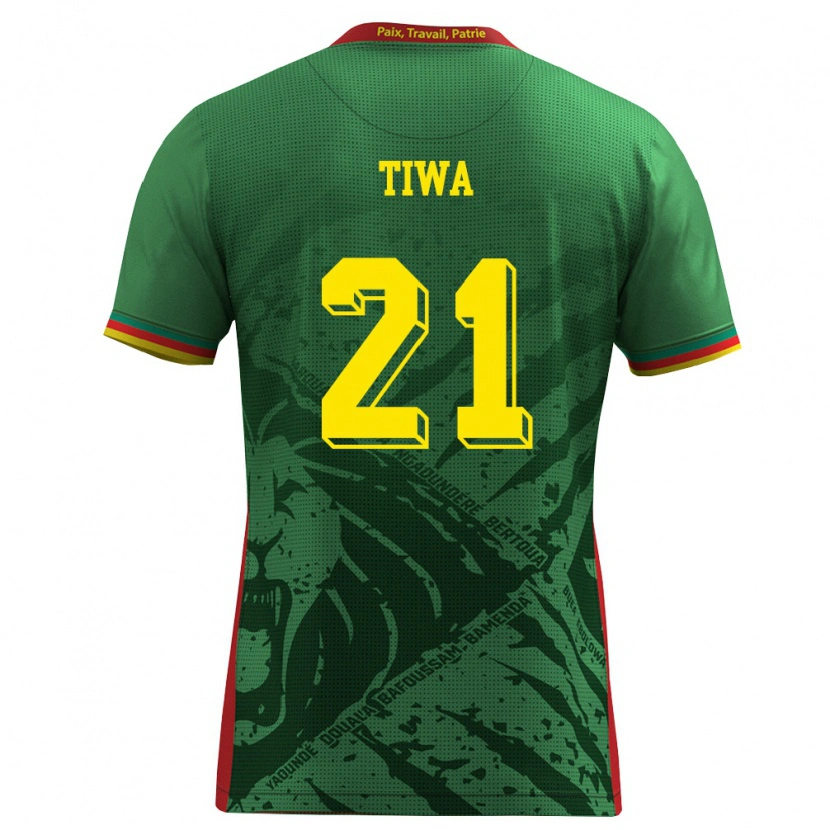 Danxen Mujer Camiseta Camerún Yvan Tiwa #21 Verde Amarillo Rojo 1ª Equipación 26-28 La Camisa