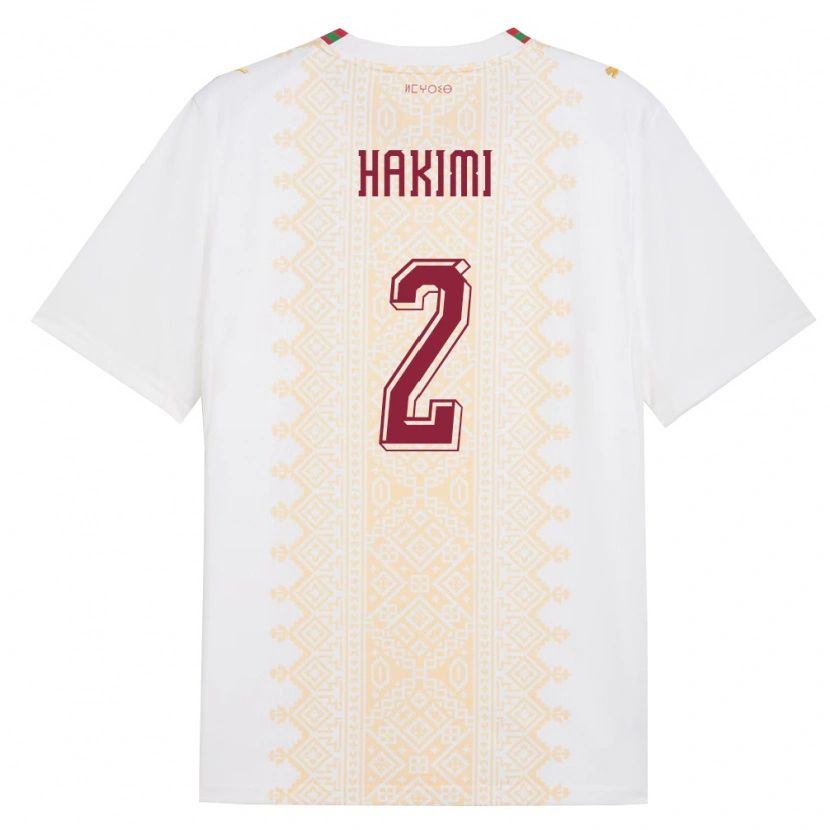 Danxen Mujer Camiseta Marruecos Achraf Hakimi #2 Blanco Oro Rojo 2ª Equipación 26-28 La Camisa