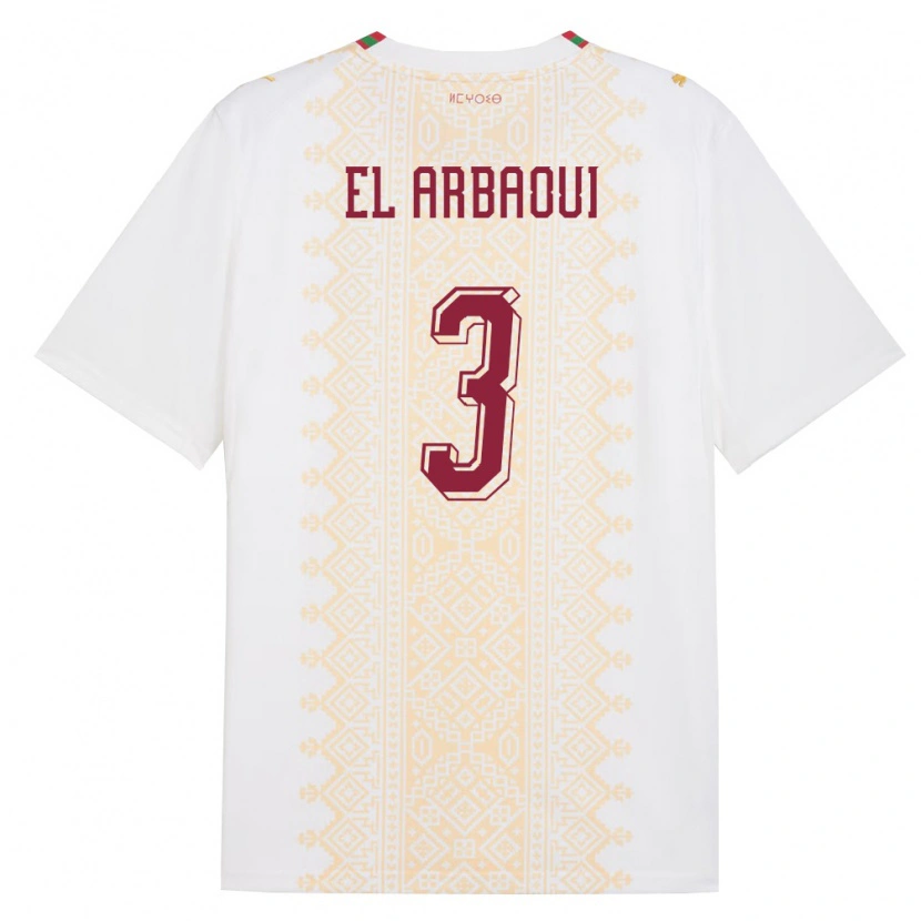 Danxen Mujer Camiseta Marruecos Ilyas El Arbaoui #3 Blanco Oro Rojo 2ª Equipación 26-28 La Camisa