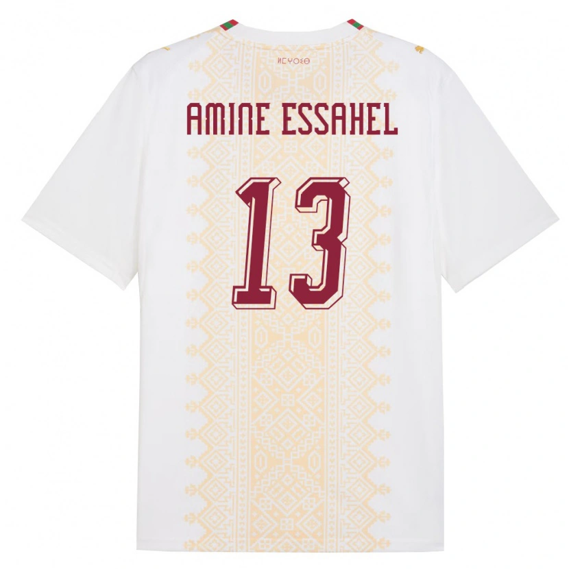 Danxen Mujer Camiseta Marruecos Mohamed Amine Essahel #13 Blanco Oro Rojo 2ª Equipación 26-28 La Camisa