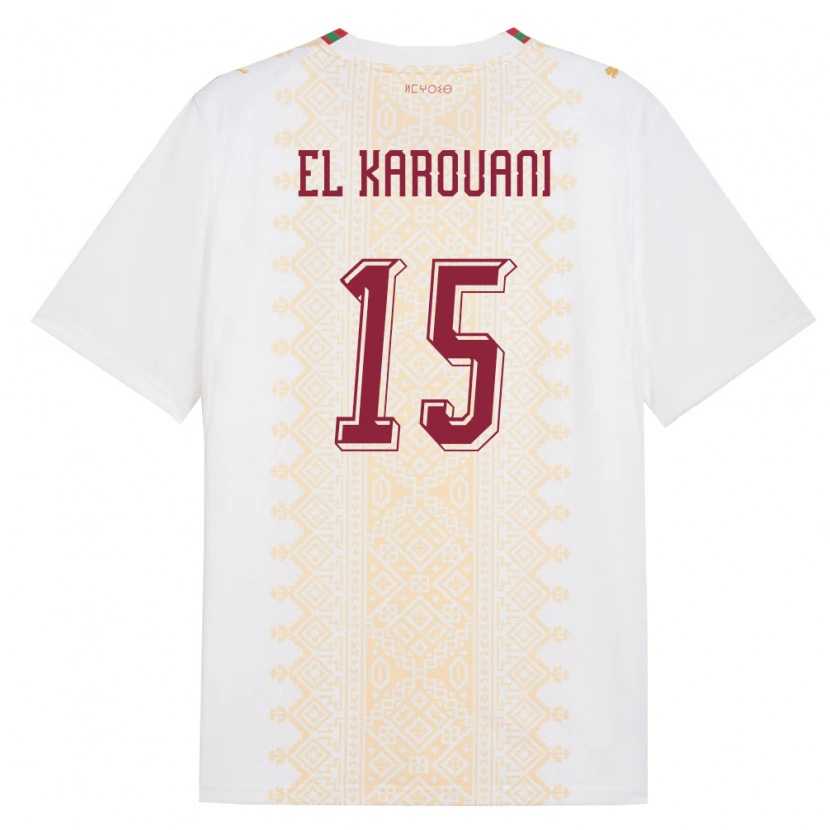 Danxen Mujer Camiseta Marruecos Souffian El Karouani #15 Blanco Oro Rojo 2ª Equipación 26-28 La Camisa