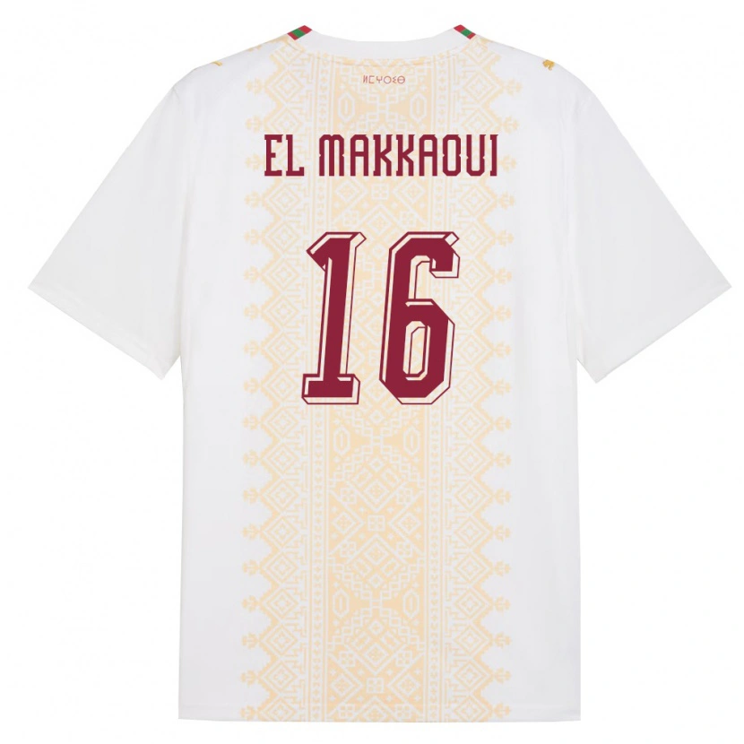 Danxen Mujer Camiseta Marruecos Anas El Makkaoui #16 Blanco Oro Rojo 2ª Equipación 26-28 La Camisa