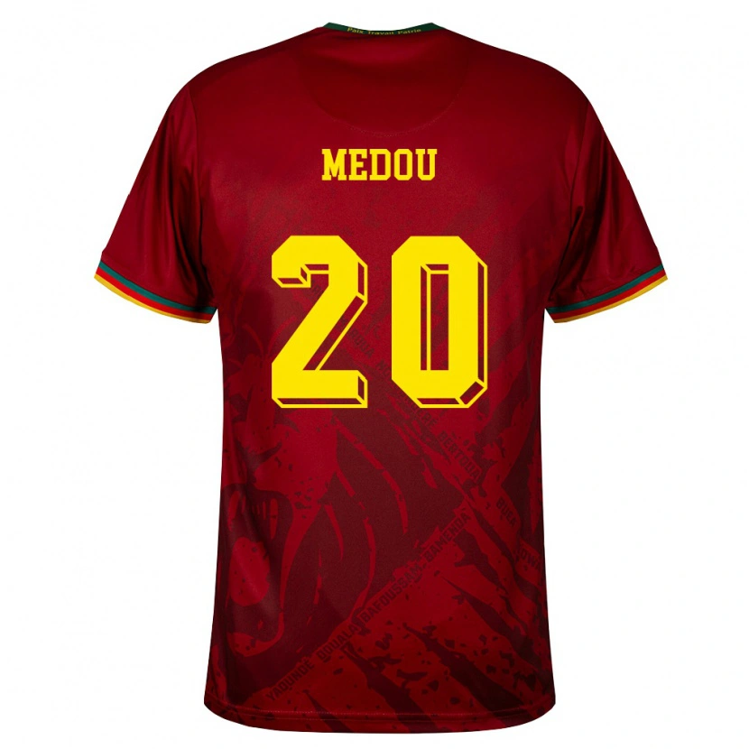 Danxen Mujer Camiseta Camerún Marc Medou #20 Rojo Oscuro Verde Amarillo 2ª Equipación 26-28 La Camisa