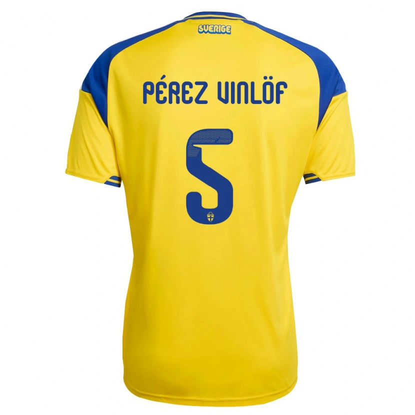 Danxen Niño Camiseta Suecia Matteo Pérez Vinlöf #5 Amarillo Azul Blanco 1ª Equipación 26-28 La Camisa