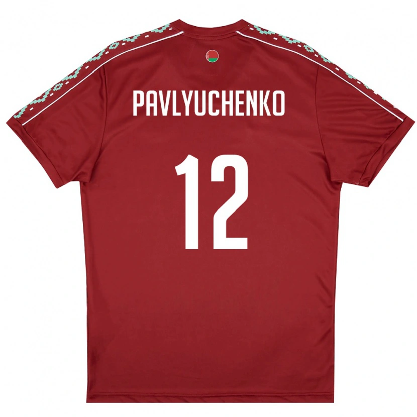 Danxen Niño Camiseta Bielorrusia Pavel Pavlyuchenko #12 Rojo Oscuro Blanco 1ª Equipación 26-28 La Camisa