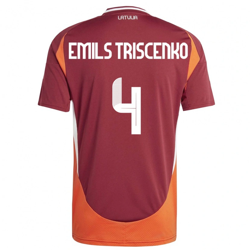 Danxen Niño Camiseta Letonia Valters Emils Triscenko #4 Rojo Oscuro Blanco Naranja 1ª Equipación 26-28 La Camisa