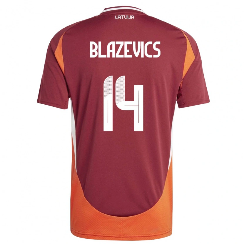 Danxen Niño Camiseta Letonia Olivers Blazevics #14 Rojo Oscuro Blanco Naranja 1ª Equipación 26-28 La Camisa