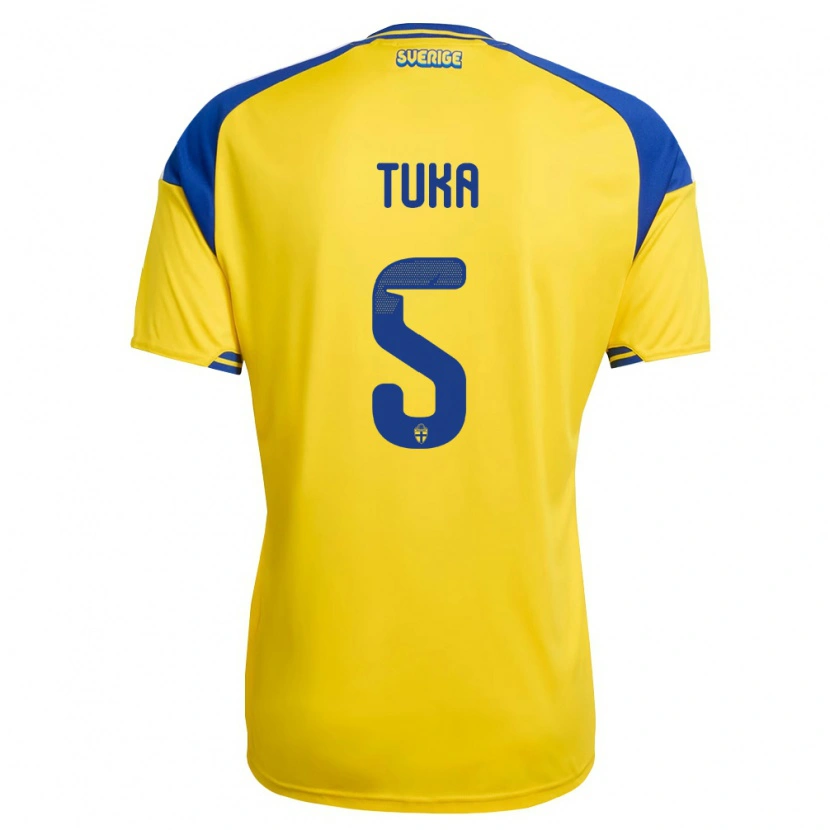 Danxen Hombre Camiseta Suecia Matej Tuka #5 Amarillo Azul Blanco 1ª Equipación 26-28 La Camisa