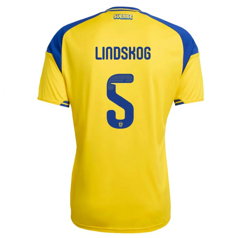 Danxen Hombre Camiseta Suecia Hugo Lindskog #5 Amarillo Azul Blanco 1ª Equipación 26-28 La Camisa